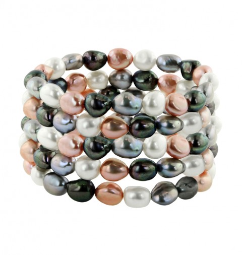 HONORA (HB1462PTX5) Set of Five 8-9mm Pink Tuxedo Baroque Freshwater Cultured Pearl 7.5 inch Stretch Bracelets