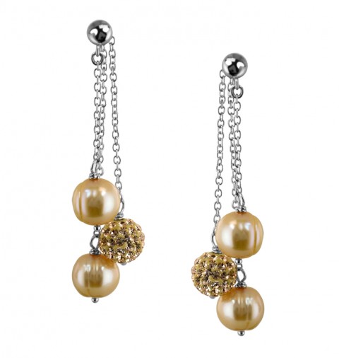 HONORA (LE5672CP) Sterling Silver 8-9mm Champagne Round Ringed Freshwater Cultured Pearl and 8mm Pave Crystal Bead Drop Earrings