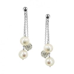 HONORA (LE5672WH) Sterling Silver 8-9mm White Round Ringed Freshwater Cultured Pearl and 8mm Pave Crystal Bead Drop Earrings