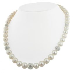 Sterling Silver 8-12mm White Ringed Freshwater Cultured Pearl with Pave Crystal Beads 18" Necklace