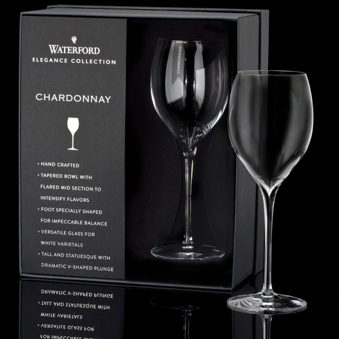 Waterford Elegance Chardonnay Wine Glass, Pair Waterford Crafted for Chardonnay and similar wines, Waterford Elegance Chardonnay Wine Glasses are part of the Waterford Elegance Collection, a crowning achievement of craftsmanship and the pinnacle of elite fine wine and spirits enjoyment. Hand made and lead-free, Waterford Elegance Chardonnay Wine Glasses are contemporary in design, with a clear, delicate bowl, deep V plunge, crisp rim, pulled stem and flawlessly modern profile. Elegance Chardonnay Wine Glasses are sold in pairs and packaged in a special Waterford Elegance box - perfect for gift giving. Hand wash recommended.