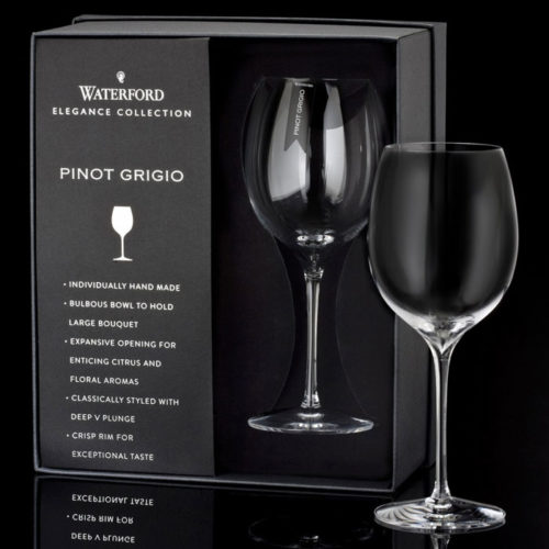 Waterford Elegance Pinot Grigio Wine Glass, Pair Waterford Crafted for Pinot Grigio and similar wines, Waterford Elegance Pinot Grigio Wine Glasses are part of the Waterford Elegance Collection, a crowning achievement of craftsmanship and the pinnacle of elite fine wine and spirits enjoyment. Hand made and lead-free, Waterford Elegance Pinot Grigio Wine Glasses are contemporary in design, with a clear, delicate bowl, deep V plunge, crisp rim, pulled stem and flawlessly modern profile. Elegance Pinot Grigio Wine Glasses are sold in pairs and packaged in a special Waterford Elegance box - perfect for gift giving. Hand wash recommended.