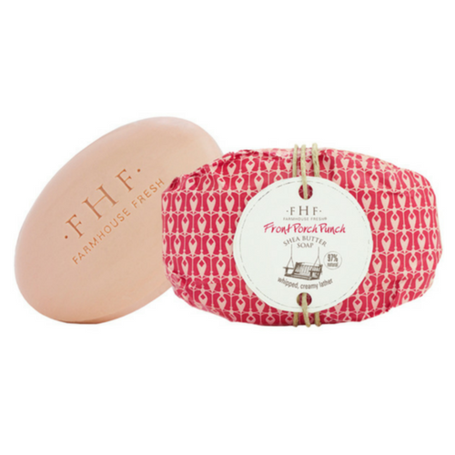 This creamy shea butter and lather-filled soap is 97% natural, triple milled and 100% juicy – fragranced with the summer's brightest mouthwatering fruits - strawberry, mango, melon and peach. The gentle vegetable formula contains Certified Sustainable Palm Oil, making it a favorite for people with sensitive skin and those who are concerned about the health of our world's forests. It's so whipped and creamy our customers like to shave with it! Fun fact: men especially love the incredible whip of these soaps. Wrapped in pretty printed paper and tied with hemp rope, Front Porch Punch Soap is an uplifting addition for any bath, shower or sink. Front Porch Punch Shea Butter Soap is 97% natural and like all FarmHouse Fresh products, is free of Parabens & Sulfates. Ingredients Sodium Palmate, Sodium Kern Kernelate, Water, Potassium Palm Kernelate, Parfum, Palm Kernel Acid, Potassium Palmate, Sodium Gluconate, Butyspermum Parkii (Shea Butter), Olea Europea (Olive) Fruit Oil, Palm Acid, Glycerin, Sodium Chloride, Titanium Dioxide, Tocopheryl Acetate, Prunus Amygdalus Dulcis (Sweet Almond) Oil, Iron Oxides (C177491, CI 77492),