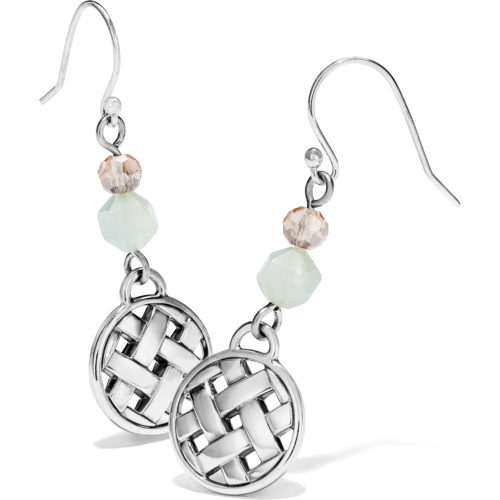 Barbados Beach French Wire Earrings Delicate dangle earrings swing with an island breeze. Discs of dainty silver basketweaves hang on a French wire earring. Style: #JA6953 Collection: Barbados Color: Silver-Blue Type: French Wire Width: 9/16" Drop: 1 1/8" Material: Beads Finish: Silver plated Suggested Retail Price: $42.00