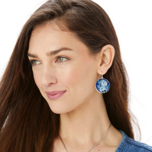 Journey To India Indigo French Wire Earrings The famed Blue Room at the City Palace in Jaipur, India, inspired these hand-enameled earrings featuring blue and white marigold flowers. Style: #JA7013 Collection: Journey to India Color: Silver-Blue Type: French Wire Width: 1 3/16" Drop: 1 1/4" Material: Enamel Finish: Silver plated Suggested Retail Price: $68.00