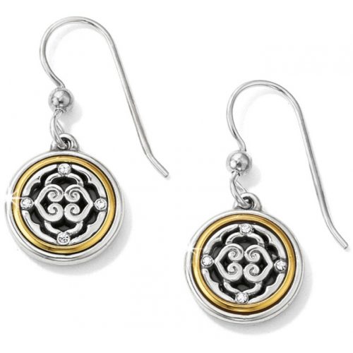 Intrigue French Wire Earrings New to the Intrigue collection, with petite features, these face-flattering earrings feature two-tone pierced medallions. Style: #JE8732 Collection: Intrigue Color: Silver-Gold Type: French Wire Width: 1/2" Drop: 3/4" Material: Swarovski crystal Finish: Silver plated, Gold plated Suggested Retail Price: $38.00