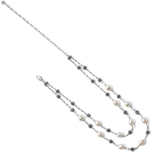Rajasthan Jasmin Short Necklace Already layered for you! This double-stranded necklace is accented with jasmine blossoms and lush pearls. Style: #JM3113 Collection: Journey to India Color: Silver-Pearl Closure: Lobster Claw Length: 16" - 22" Adjustable Pendant Drop: 1 1/2" Finish: Silver plated Features: Freshwater Pearl Suggested Retail Price: $118.00